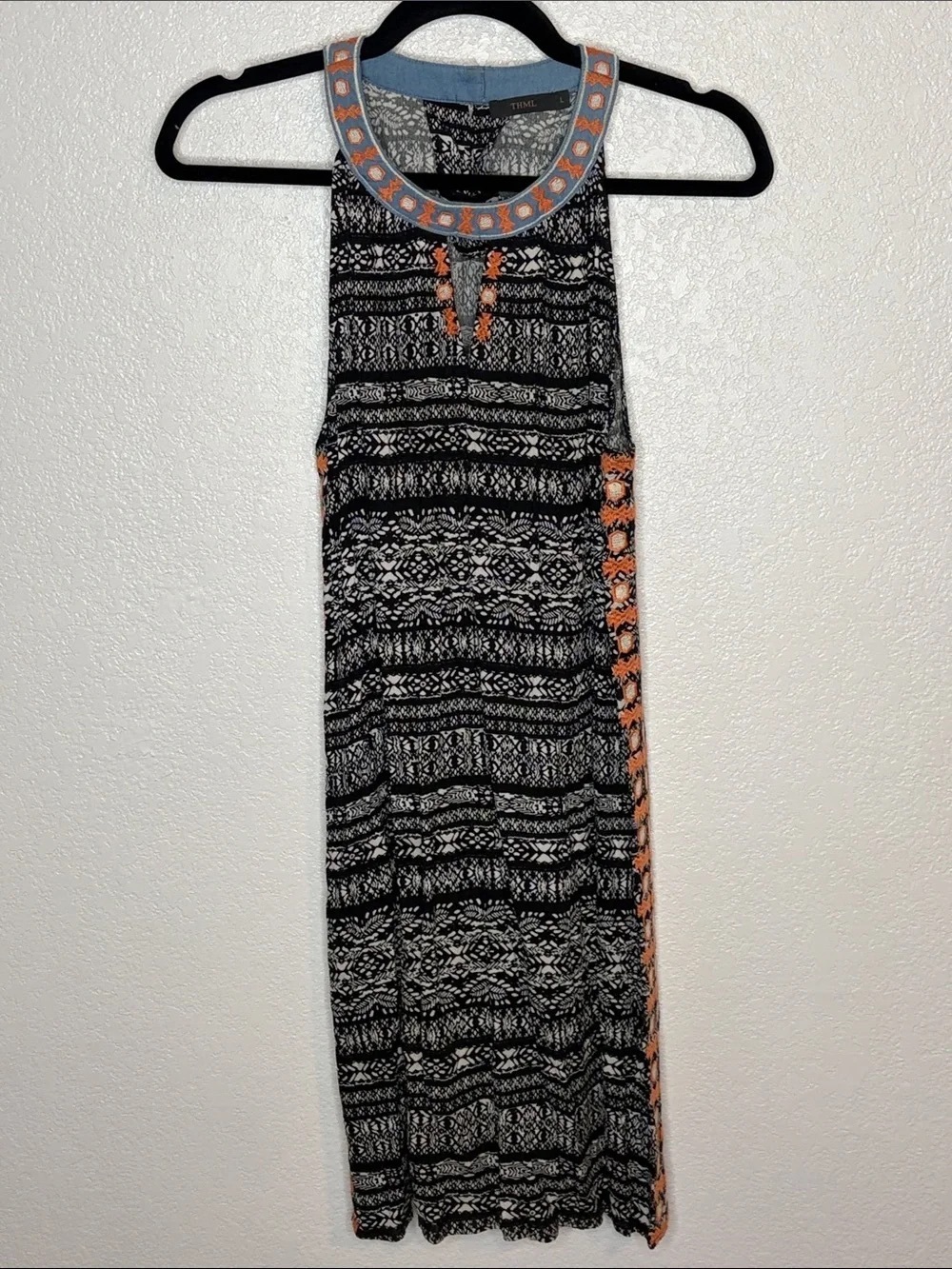 Sleeveless Black Maxi Dress with Peach Trim and Beaded Neckline